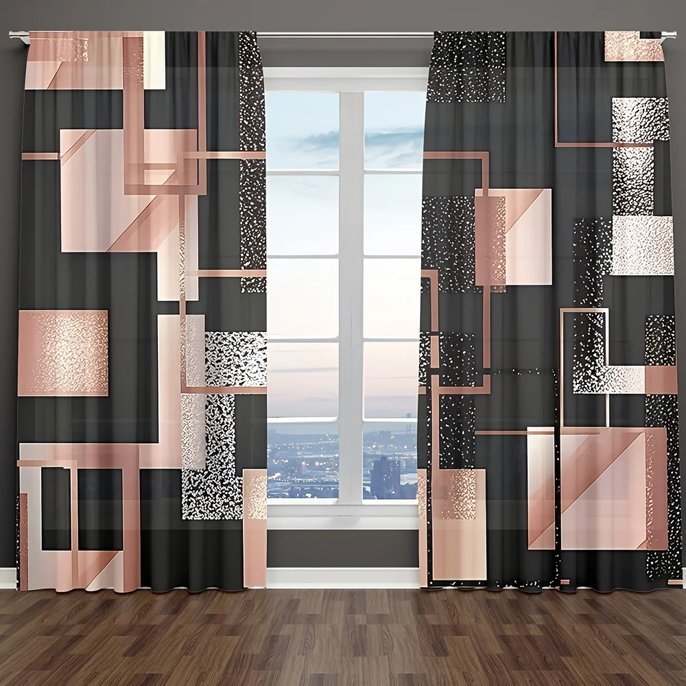 

2pc Black and rose gold geometric patterned curtains, machine washable polyester, suitable for living rooms, kitchens bedrooms.