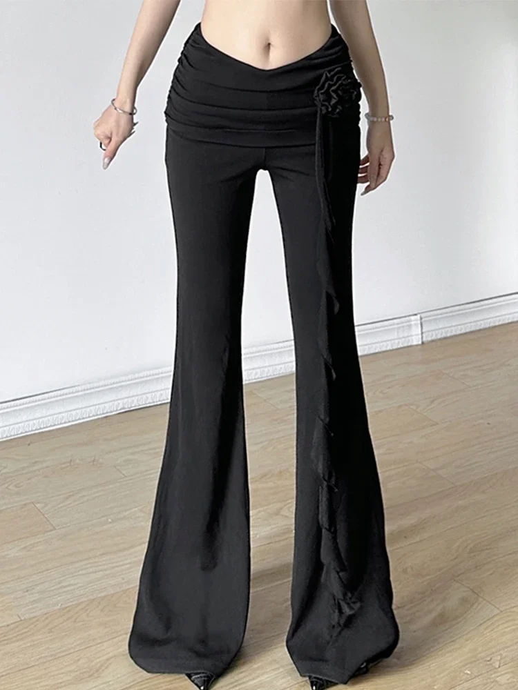 Women Black Gothic Baggy Flare Pants Vintage Y2k Pants Harajuku Japanese 2000s Style High Waist Trousers Emo 2000s Clothes 2025