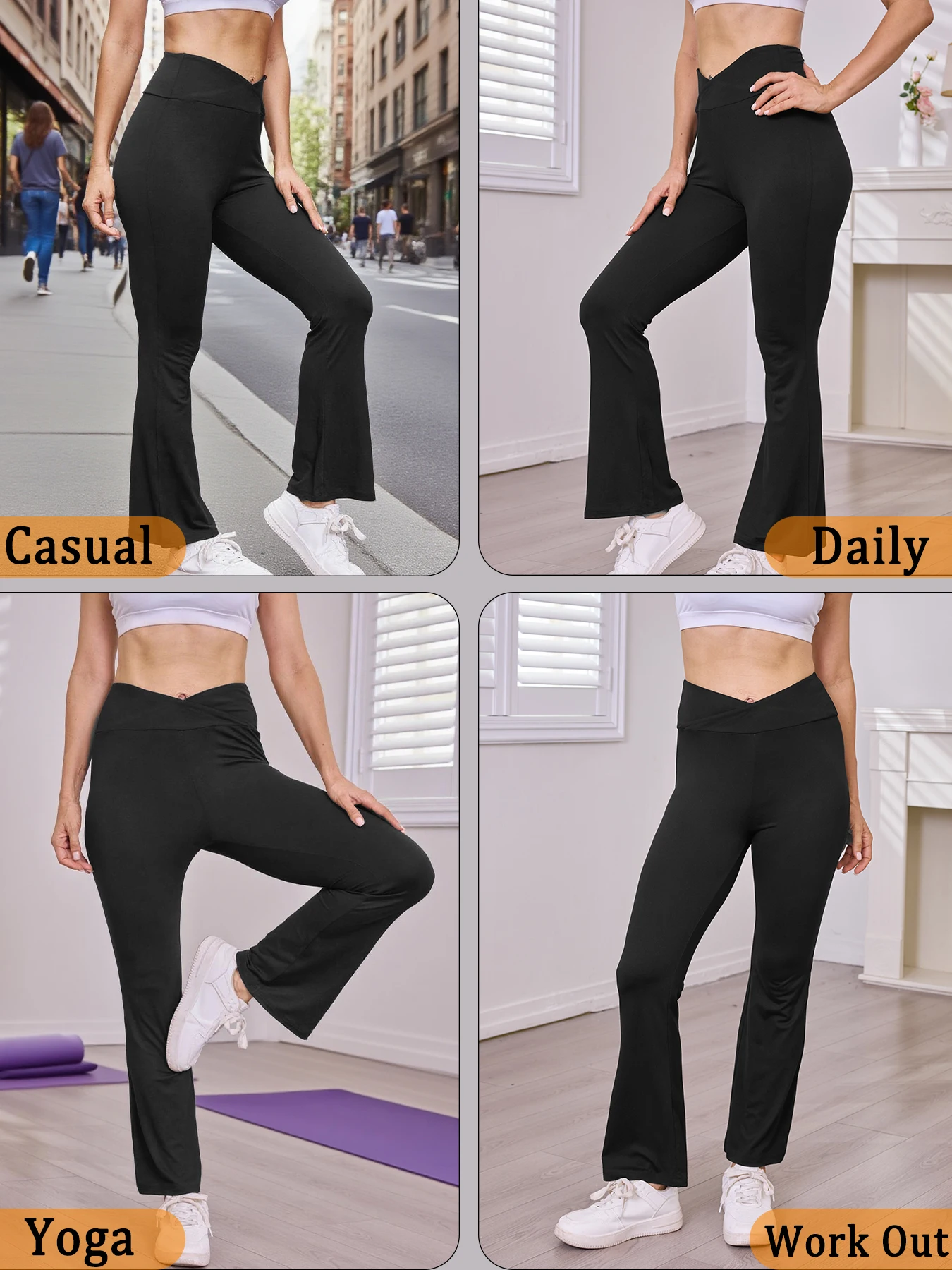 Women's Super Soft Crossover High Waisted Flare Leggings. Tummy Control Yoga Bootleg Bell Bottoms