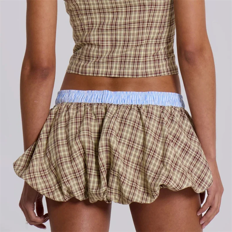 Khaki Mini Skirts Women A-line Casual Fashion Vintage Y2k Skirt Sweet Plaid Puff Skirt 2024 Summer New Female Jupe Streetwear