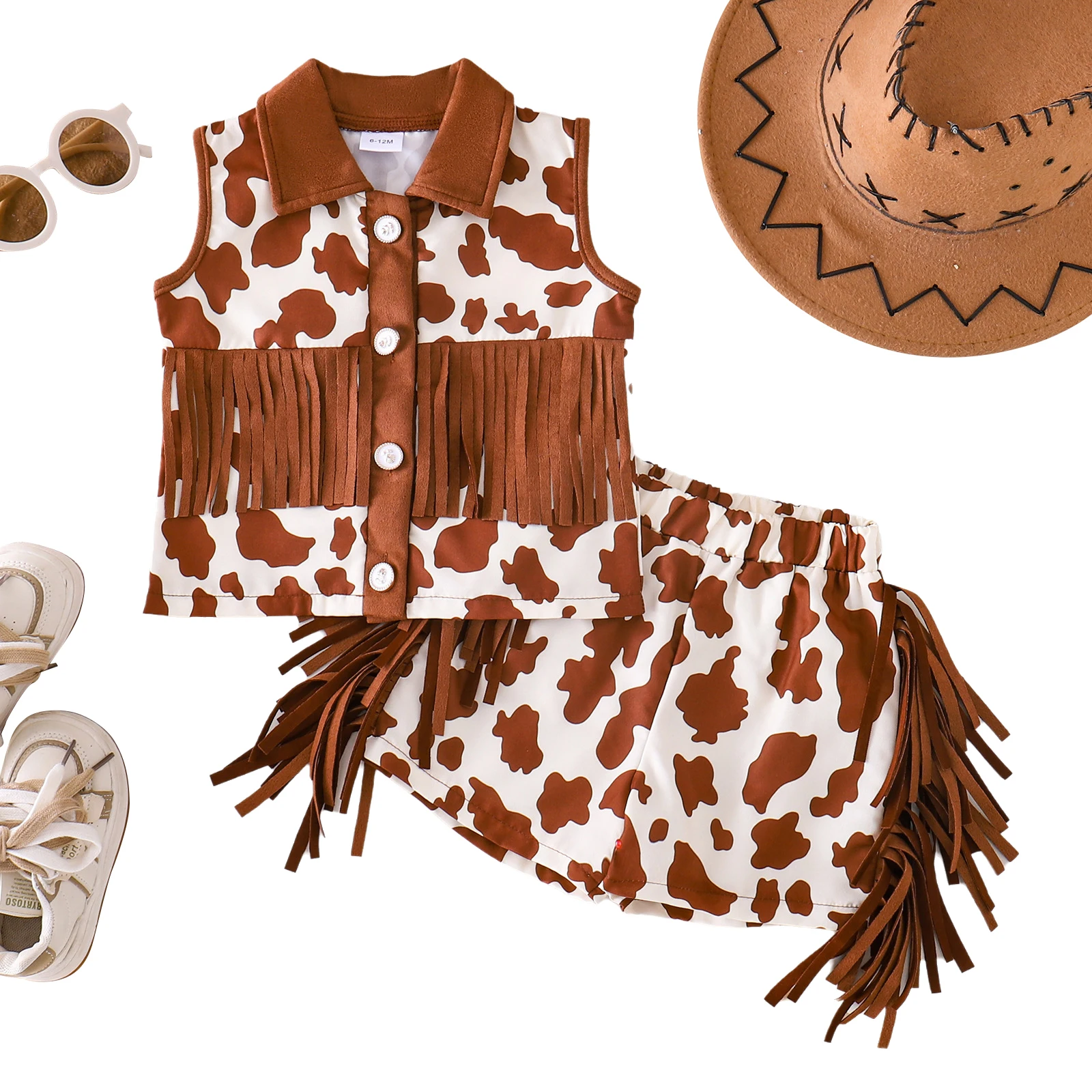 Childs Western Cowgirls Suits Cow-print Sleeveless Vest Girls Cowgirl Costume Two-piece Fringe Shorts Hippie Costumes Outfit