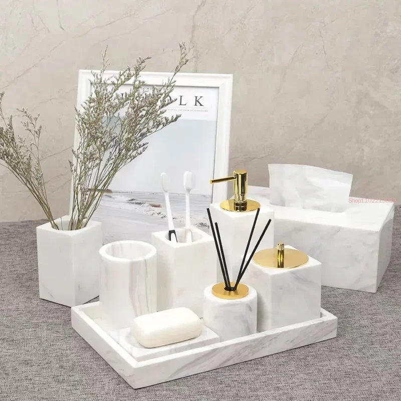 Marble Bathroom Accessories Set Soap Dispensers/Dishes Toothbrush Holder Gargle Cups Tissue Cotton Swab Box Tray Wedding Gifts