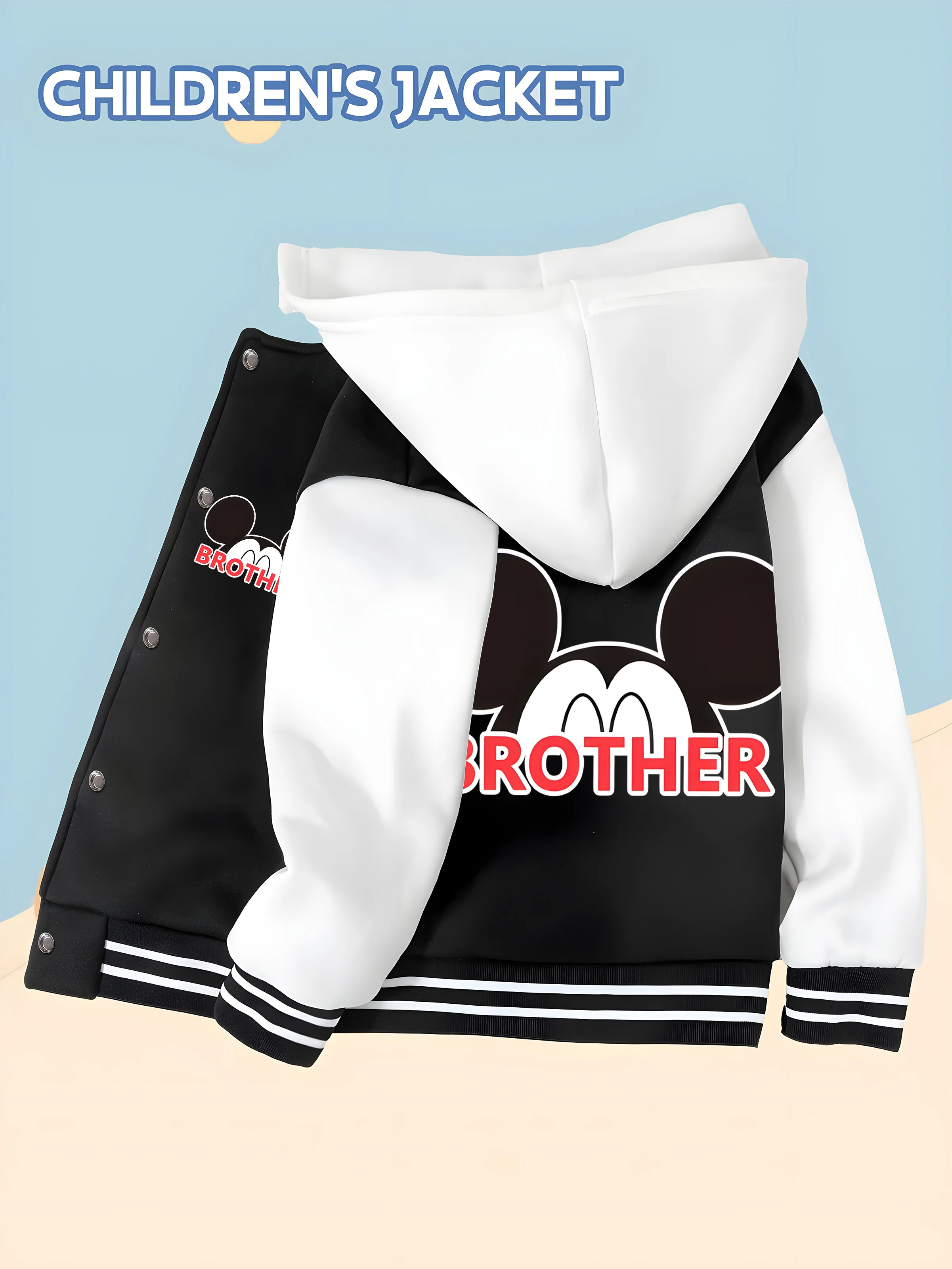 

MINISO Disney Boys' Baseball Jacket - Mickey "BROTHER" with double-sided Mickey print, perfect for school and casual wear