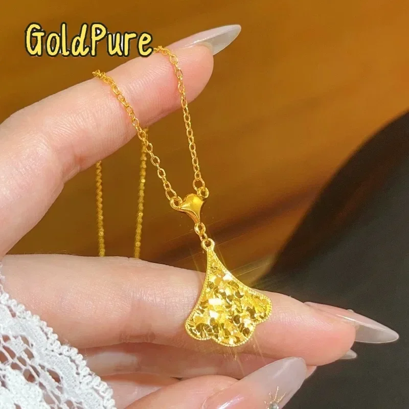 

Goldpure Luxury 24K 9999 Pure Gold real gold Women's Ice Crushed Ginkgo Leaf Pendant Necklace Small Skirt Clavicle Chain