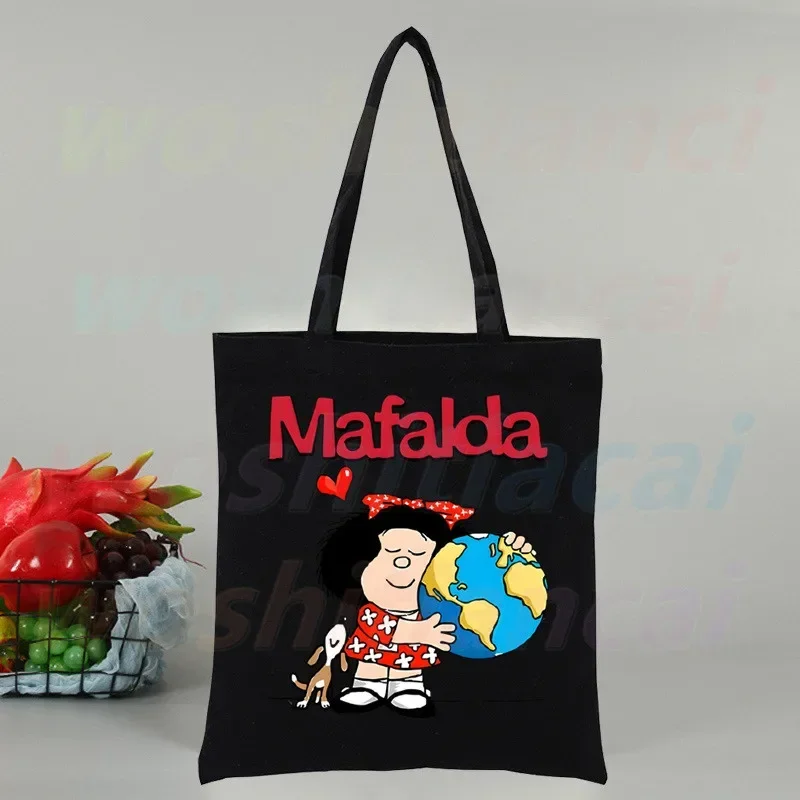 Mafalda-Sac à main en toile réutilisable pour femme, fourre-tout, shopping, voyage, bande dessinée, bande dessinée, noir