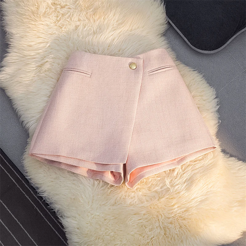 2024 Autumn Winter French Style Tweed Shorts for Women High Waist Slim Fit A Line Skirt Pants Wide Leg Woolen Casual Outerwear