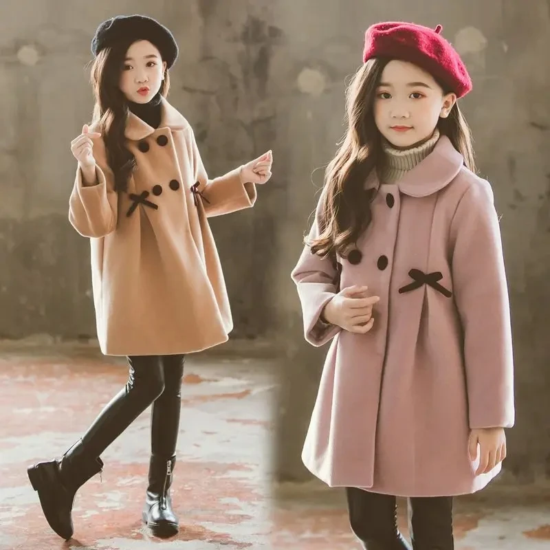 3-12 Years Girls Wool Coat Autumn Winter New Korean Version Fashion Long Kids Jacket Double Breasted Children Outerwear Clothing