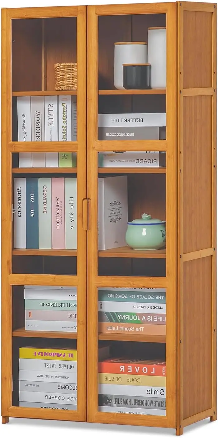 

Bamboo Shelf Living Room Storage Tall Bookcase Cabinet w/ Clear Doors, Brown Home Office Multipurpose Tower Organizer Bookshelf