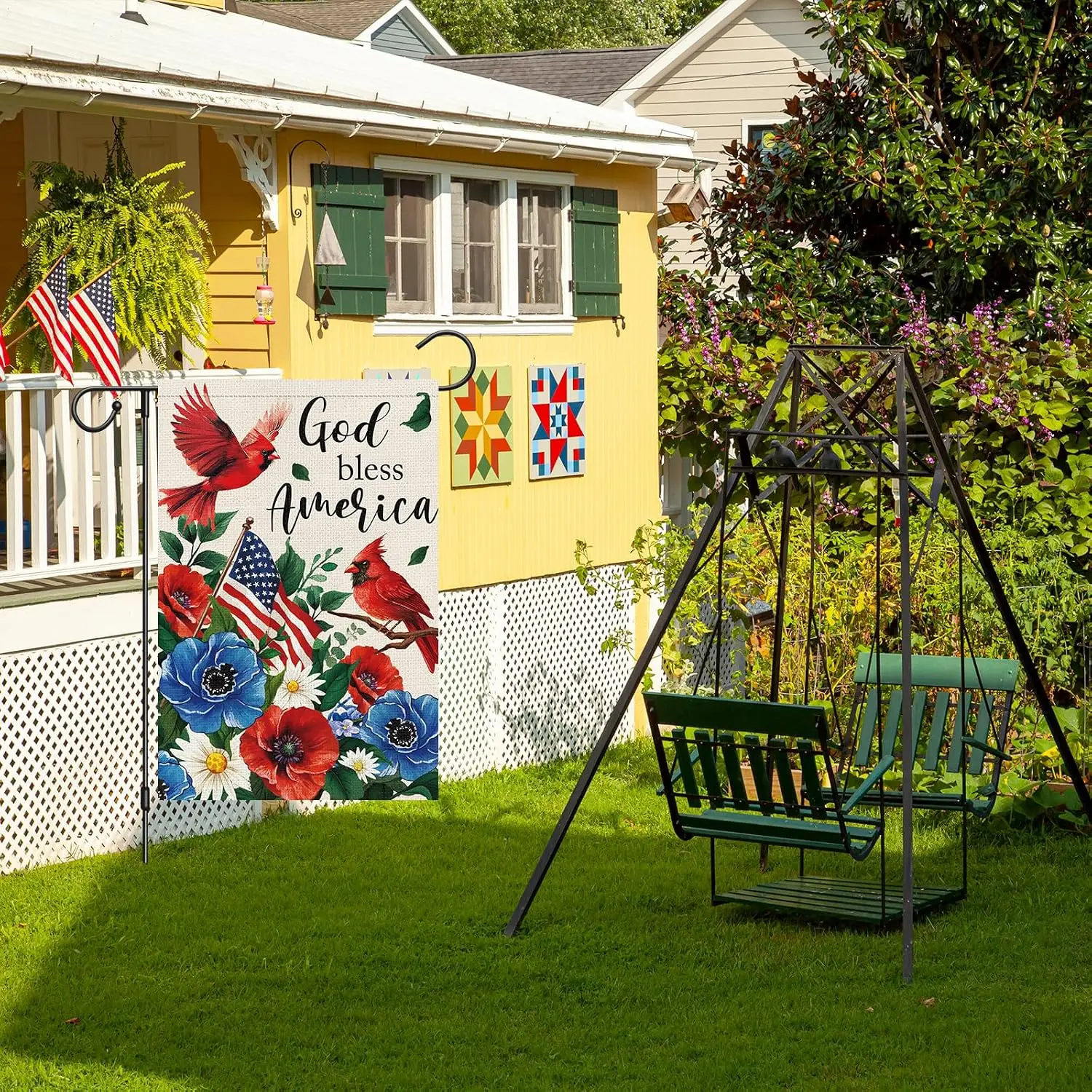 4th of July Garden Flag 12x18 Inch Double Sided Outside, God Bless America Patriotic Cardinal Daisy Poppy Independence Day M uui
