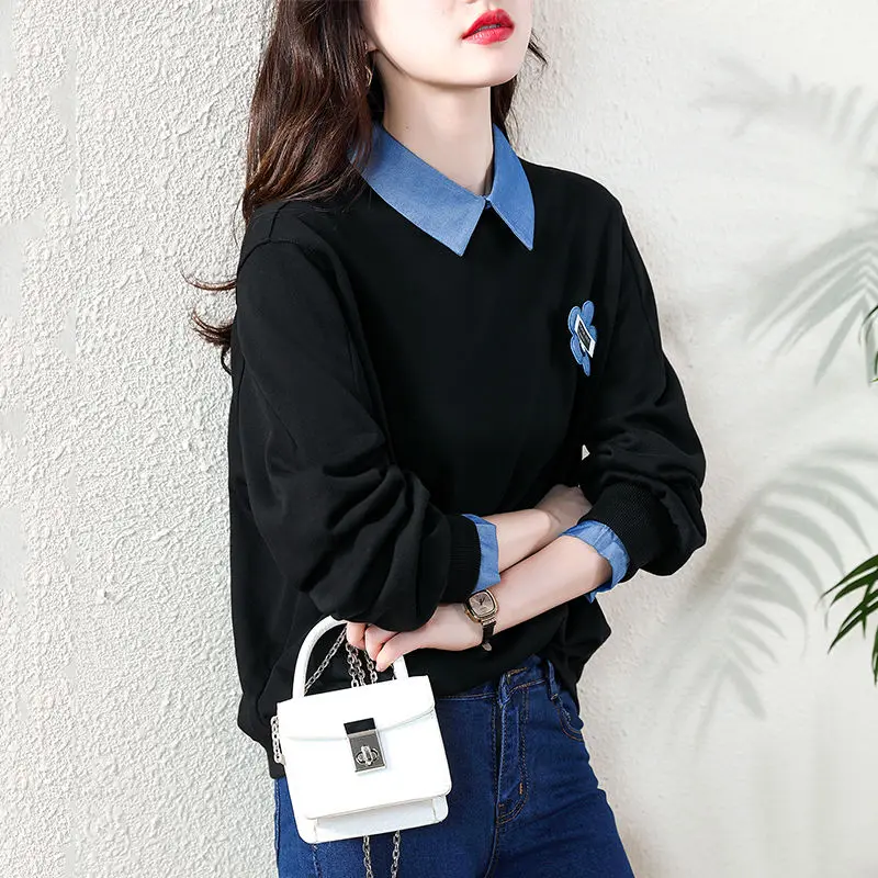 Autumn Winter Women\'s Casual Polo-Neck Sweatshirts Korean All-match Fake Two Pieces Solid Color Spliced Tops Female Clothing