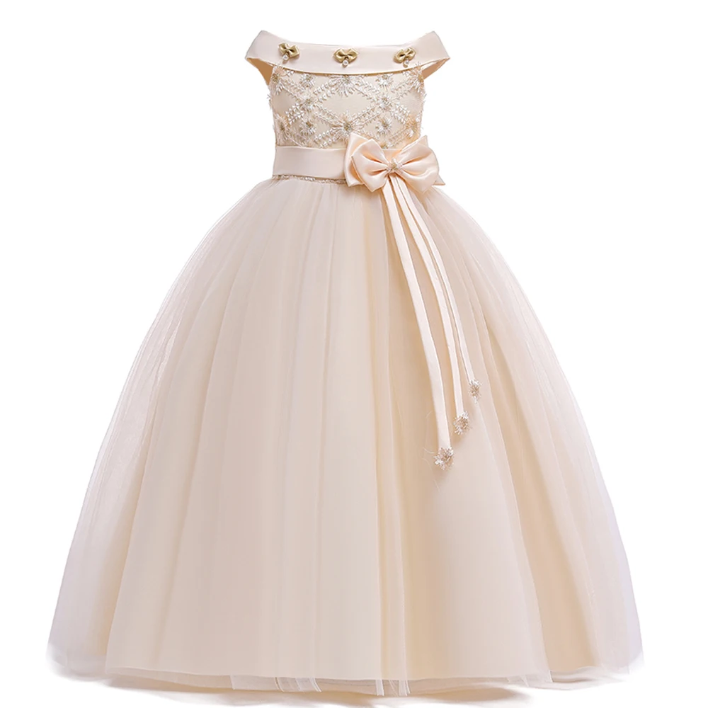 Girls Long White Bridesmaid Dresses For Wedding Prom Gown Bow Flower Party Princess Dress Kids First Communion Birthday Clothing