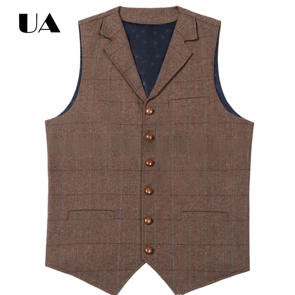 Blue Plaid Men's Waistcoat Wool-blend Plaid Fabric Chest Pocket Ideal for Formal Events, Wedding, Prom Party