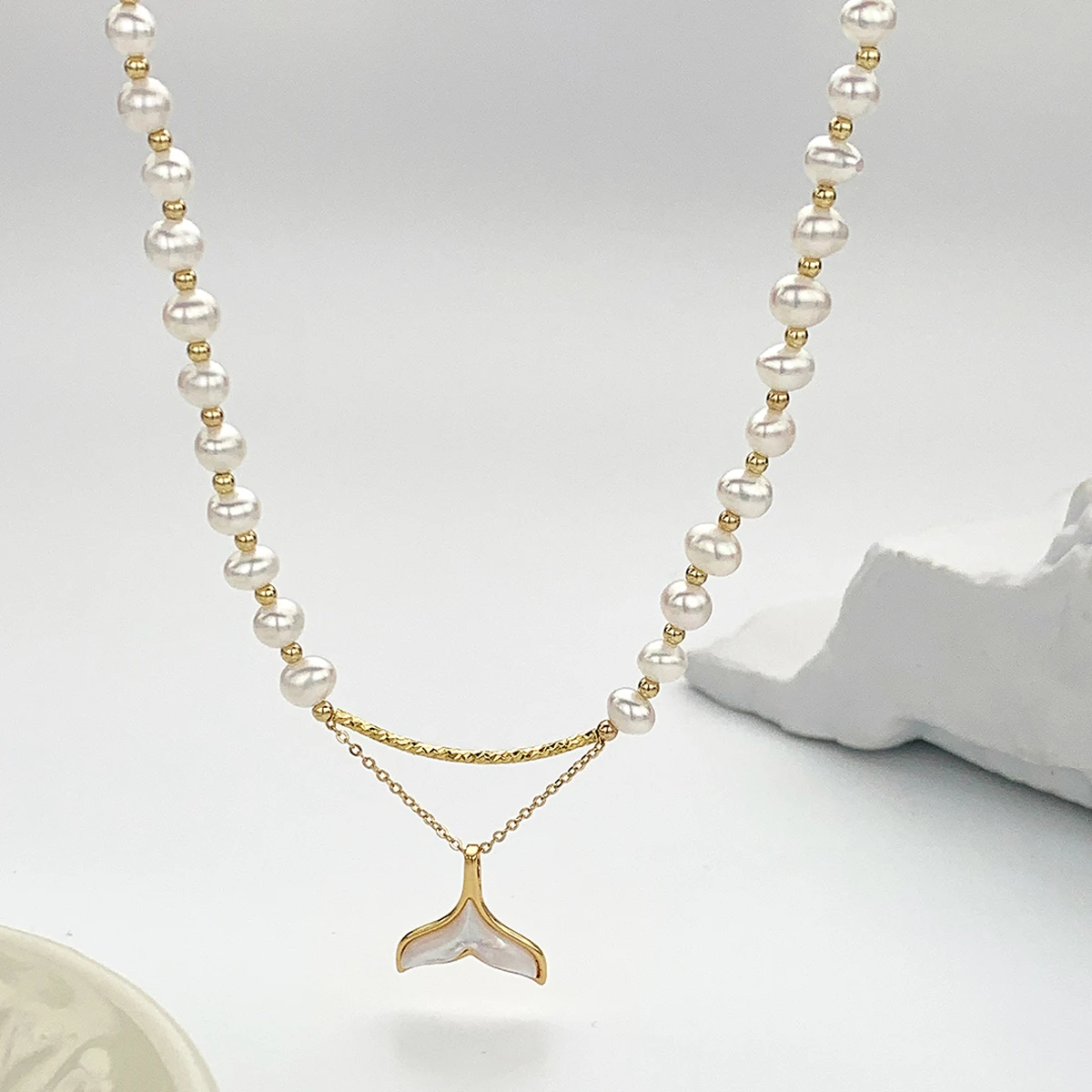 

43-45cm Bread Bead Shaped Natural Freshwater Pearl Women's Necklace Alloy Gold Plated Color Luxury Jewelry Birthday Gift Fashion