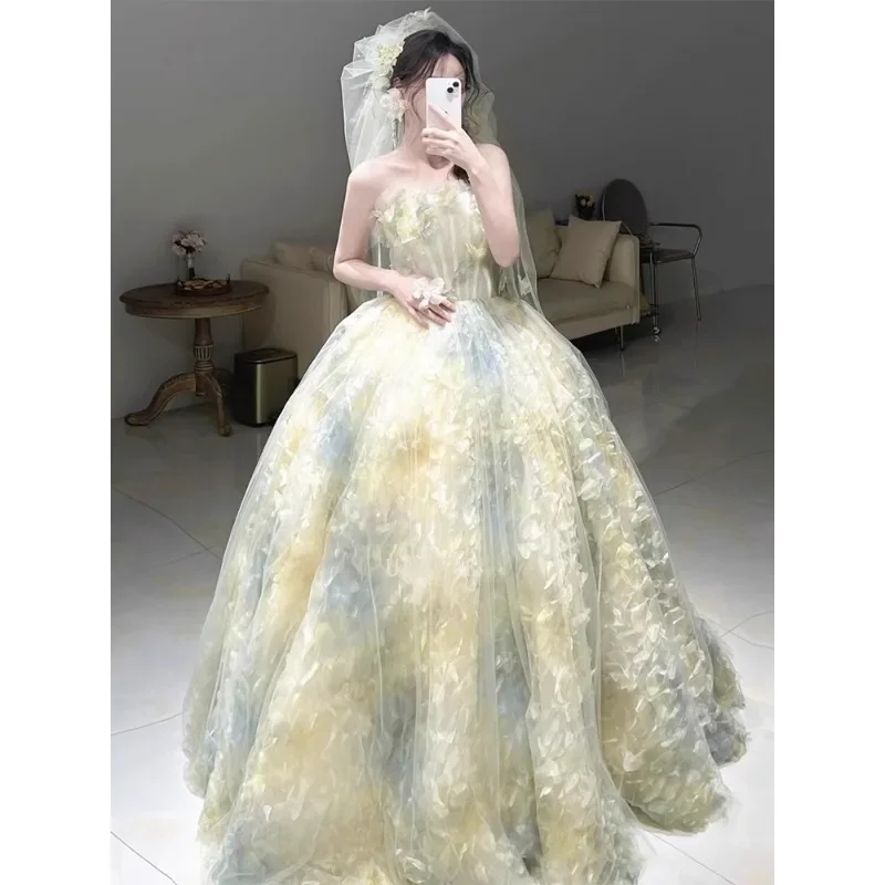 Vestido de novia sin tirantes con flores en 3D de estilo coreano, elegante corte en A, largo Floral azul, vestidos de noche para fiesta, nuevos vestidos de novia para mujer