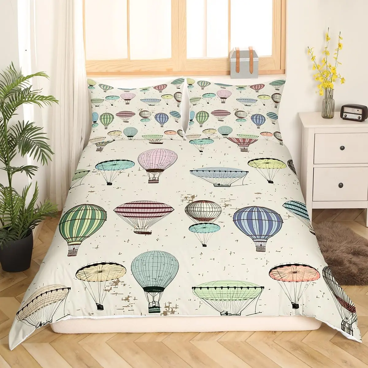 Cartoon Hot Air Balloon Duvet Cover King Queen Size Retro Geometric Lines Comforter Cover Colorful Vintage Balloons Bedding Set