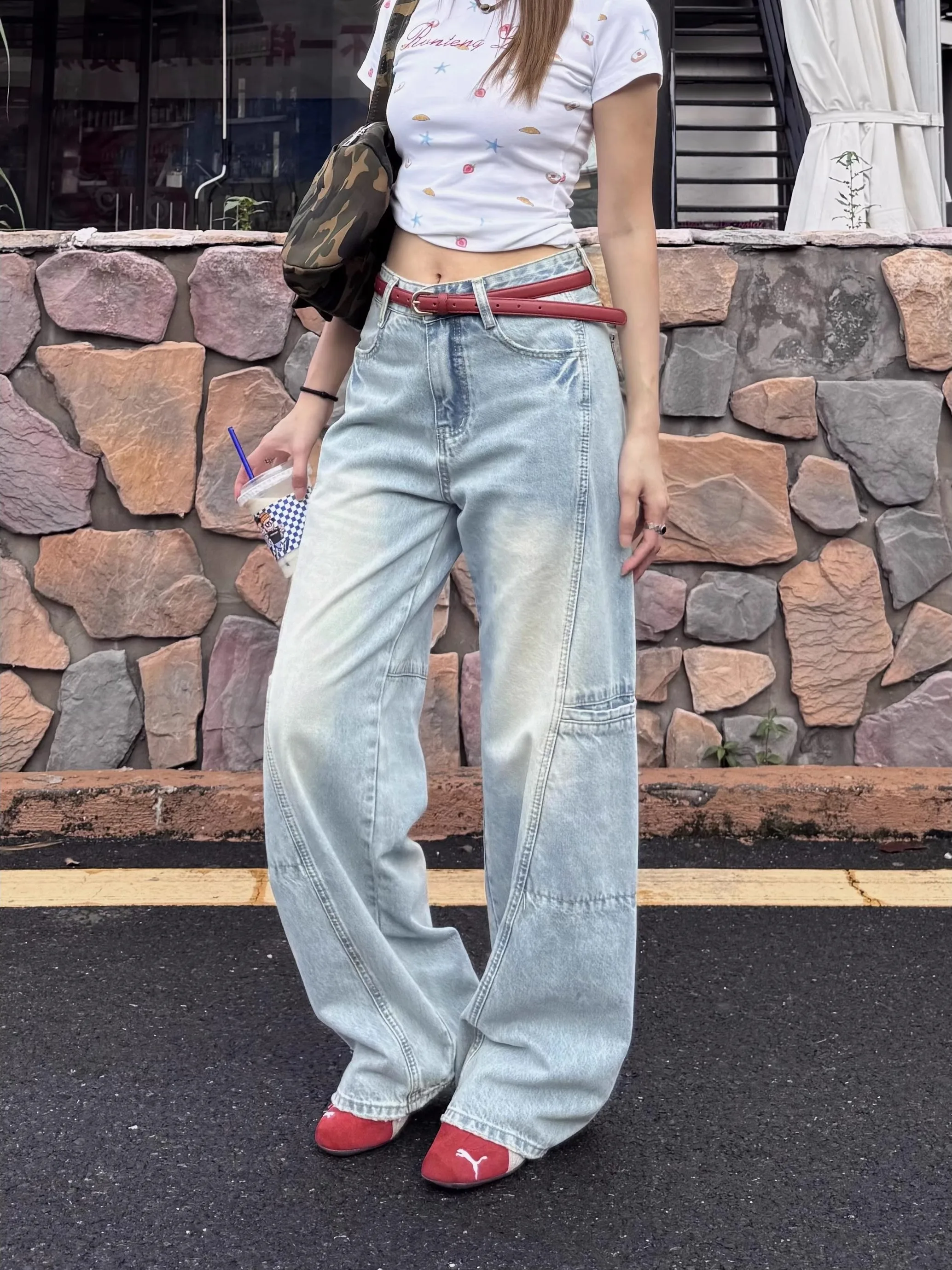 

Retro American Loose Waed Multi-ket Jeans Men Women Wide Leg Floor-Length CleanFit Long Trousers Trendy Straight Leg Jeans