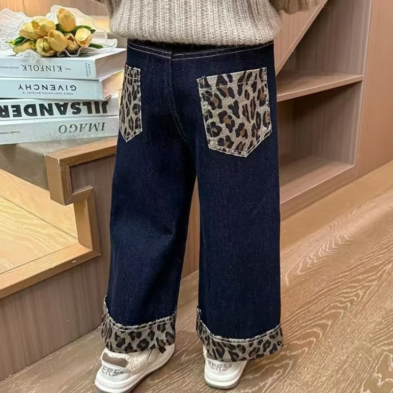 

Girls Leopard Print Jeans Winter New Item Thickened one-piece Fleece Warm Straight Leg Pants For Girls Baby Winter Clothes Pants