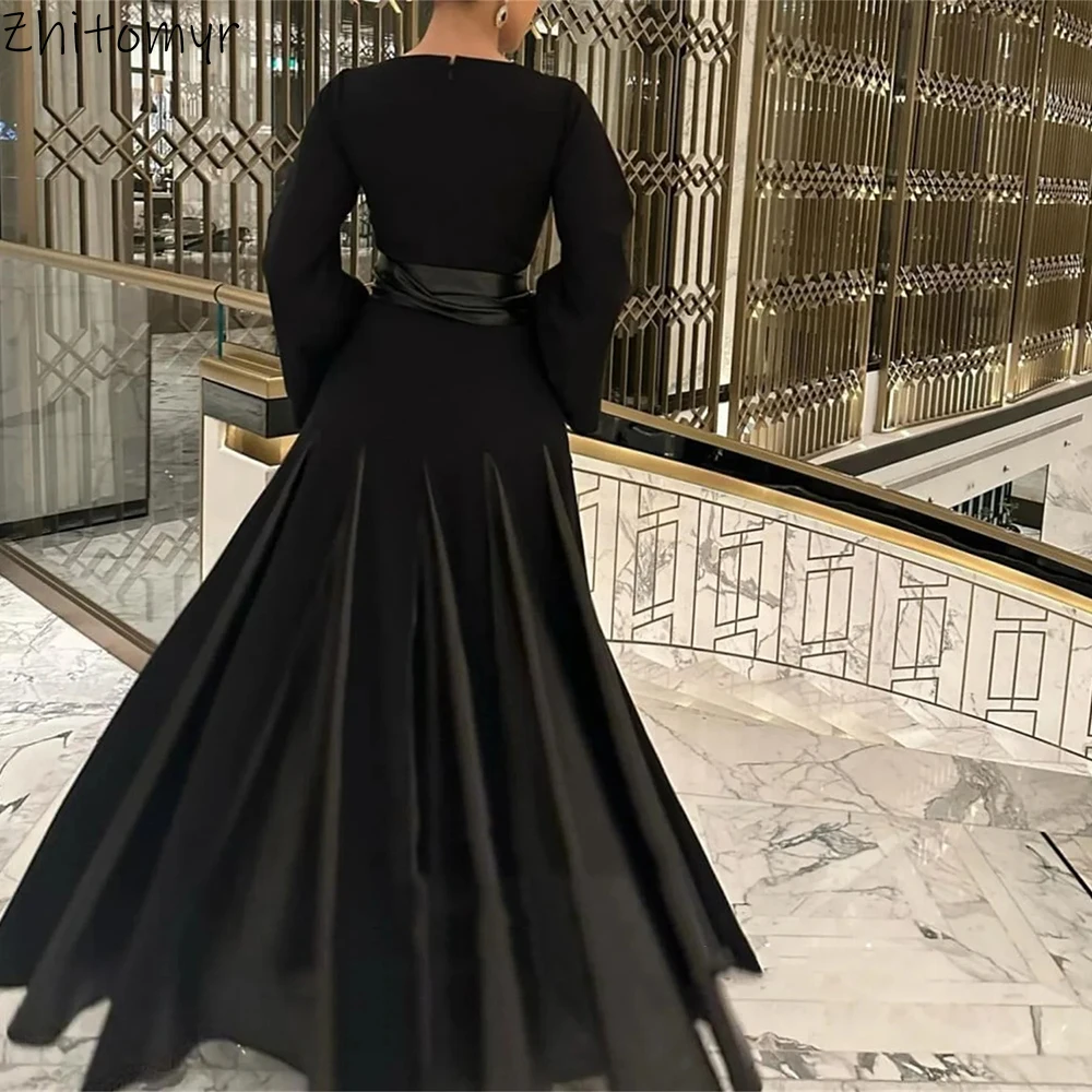 Customized Fashion Black Jersey Formal Evening Dresses Draped A-line O-neck Full Sleeves With Back Zipper Party Prom Gowns