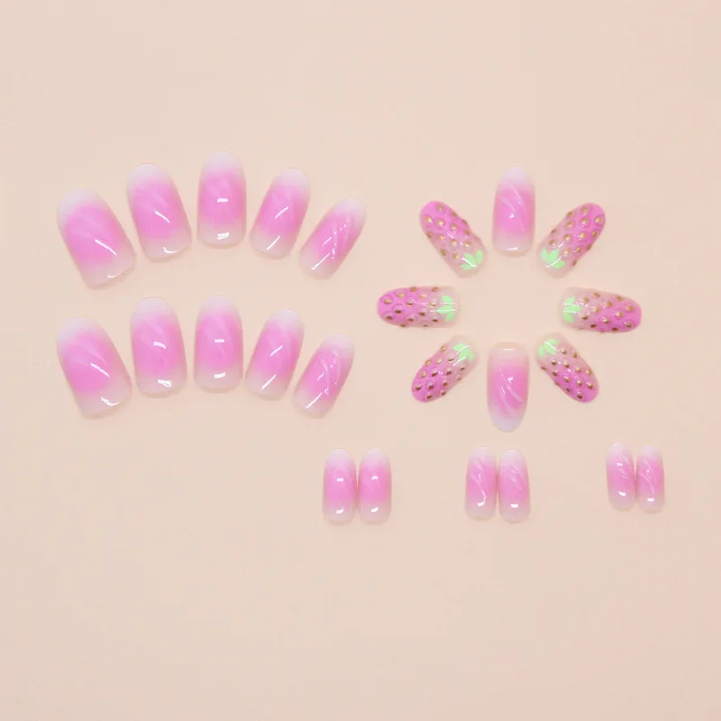 

24Pcs Medium-Length Almond Press-on Nails: Lavender to Pink Ombre with 3D Strawberries & Green Leaves
