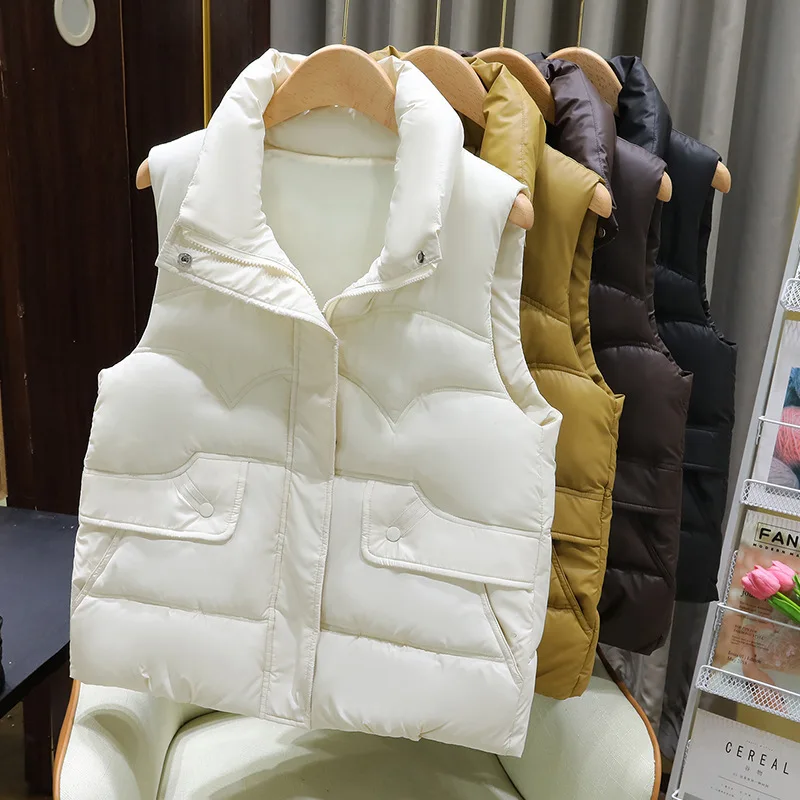 Down Cotton Vest Women 2026 New Autumn Winter Fashion Stand Collar All-Match Warm Sleeveless Waistcoat Jacket Ladies Female Tops