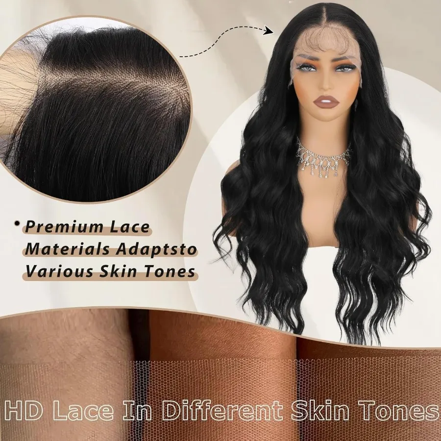 أسود الاصطناعية الدانتيل شعر مستعار أمامي 13 × 4 HD الدانتيل موجة شعر مستعار 26 بوصة طويلة متموجة الباروكات مع شعر الطفل الاصطناعية الدانتيل شعر مستعار أمامي للنساء D #3