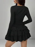Autumn Winter Solid Color Slim Fit Cascading Ruffles Mini Dress Women Elegant Flare Sleeve High Waist Sexy Party Bodycon Dresses - Image 6
