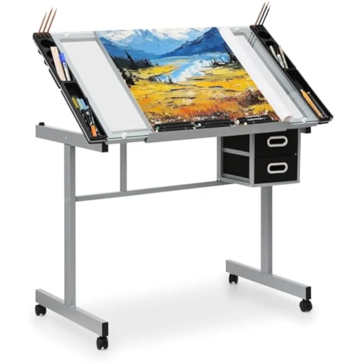 Adjustable Glass Drafting Desk with 65 Degree Tilt Mechanism Rectangular Modern Art Studio Table Featuring Wheeled or Fixed Leg