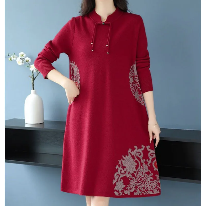 Jesienno-zimowa sukienka swetrowa z kołnierzykiem cheongsam, damska, dzianinowa, długa, luźna, elegancka sukienka dzianinowa, sukienki damskie, vestidos