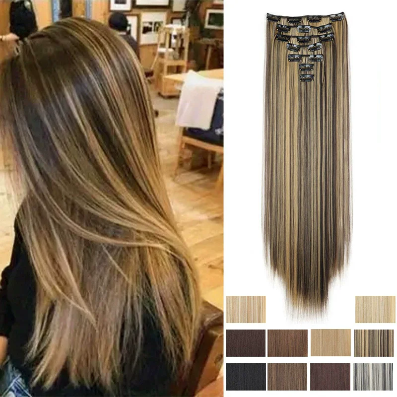 Synthetic 24inch Clips in Hair Extensions Long Straight Hairstyle Blonde Black Hairpieces Heat Resistant False Hair Daily Use
