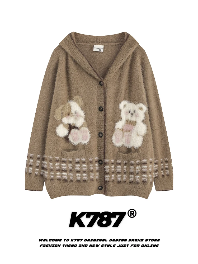 

Вязаный кардиган K787 в американском ретро-стиле с принтом «Ленивый медведь», унисекс, для пар, повседневный, свободного кроя, зимний, с длинными рукавами