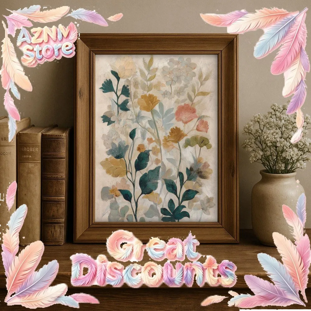 Vintage-style Floral Wall Art, Printable Earth-Toned Floral Patterns | Bohemian Pastoral Style Decoration, Canvas Material 2026
