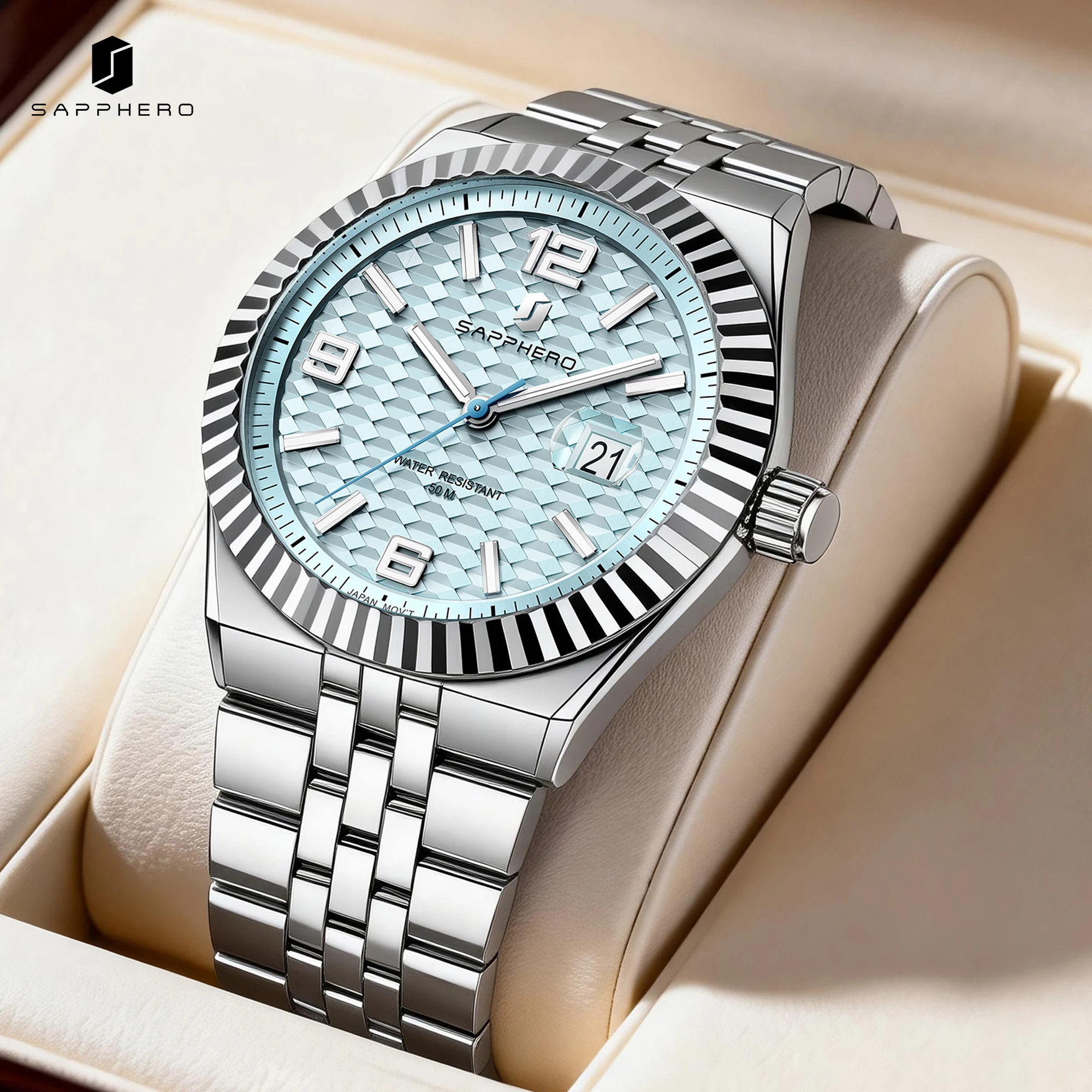 

SAPPHERO Men's Quartz Watch Stainless Steel Bracelet Date & Luminous 50M Waterproof Business Casual Luxury Wristwatch Ideal Gift