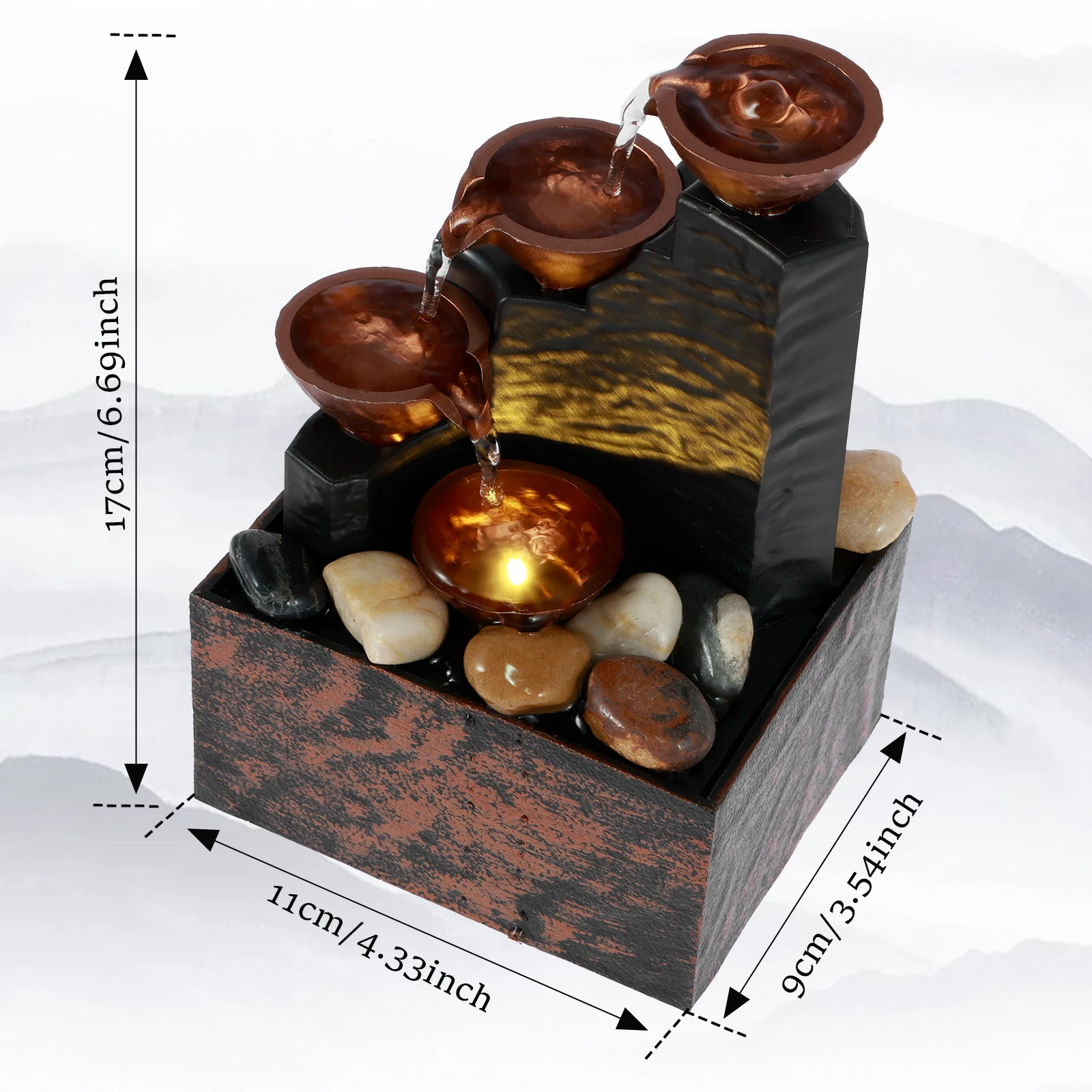 Tabletop Fountain Waterfall Indoor Cascading Resin-Rock Waterfall Fountain with LED Light Multifunct Home Ornament Craft