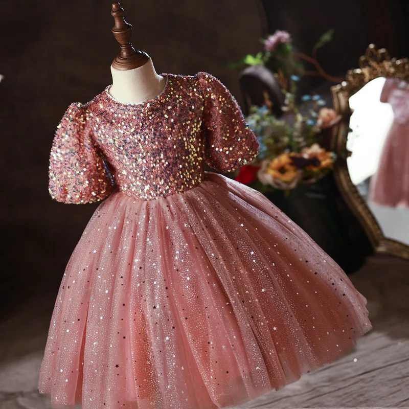 

Sparkly Sequined Flower Girl Dresses Tiered Baby Wedding Ball Gown With Bow Communion Pageant Clothes