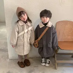 Children Coat Long Plus Velvet Cotton Padded Jacket 2023 Winter New Windbreaker Boy's Warm Coat Cotton Girl's Coat