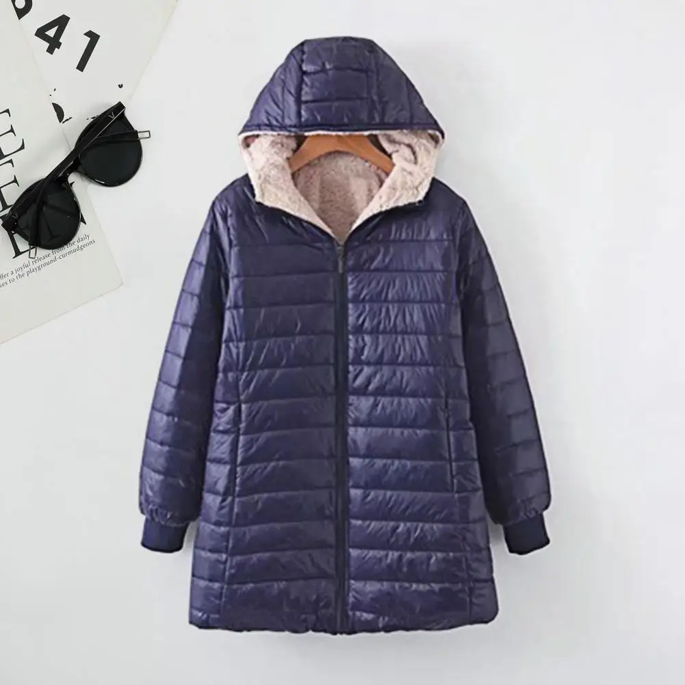 Winter Daunen mantel gepolsterte Plüsch haube mittellanger Reiß verschluss Mantel lange Ärmel Taschen warm täglich tragen Outwear Baumwoll jacke