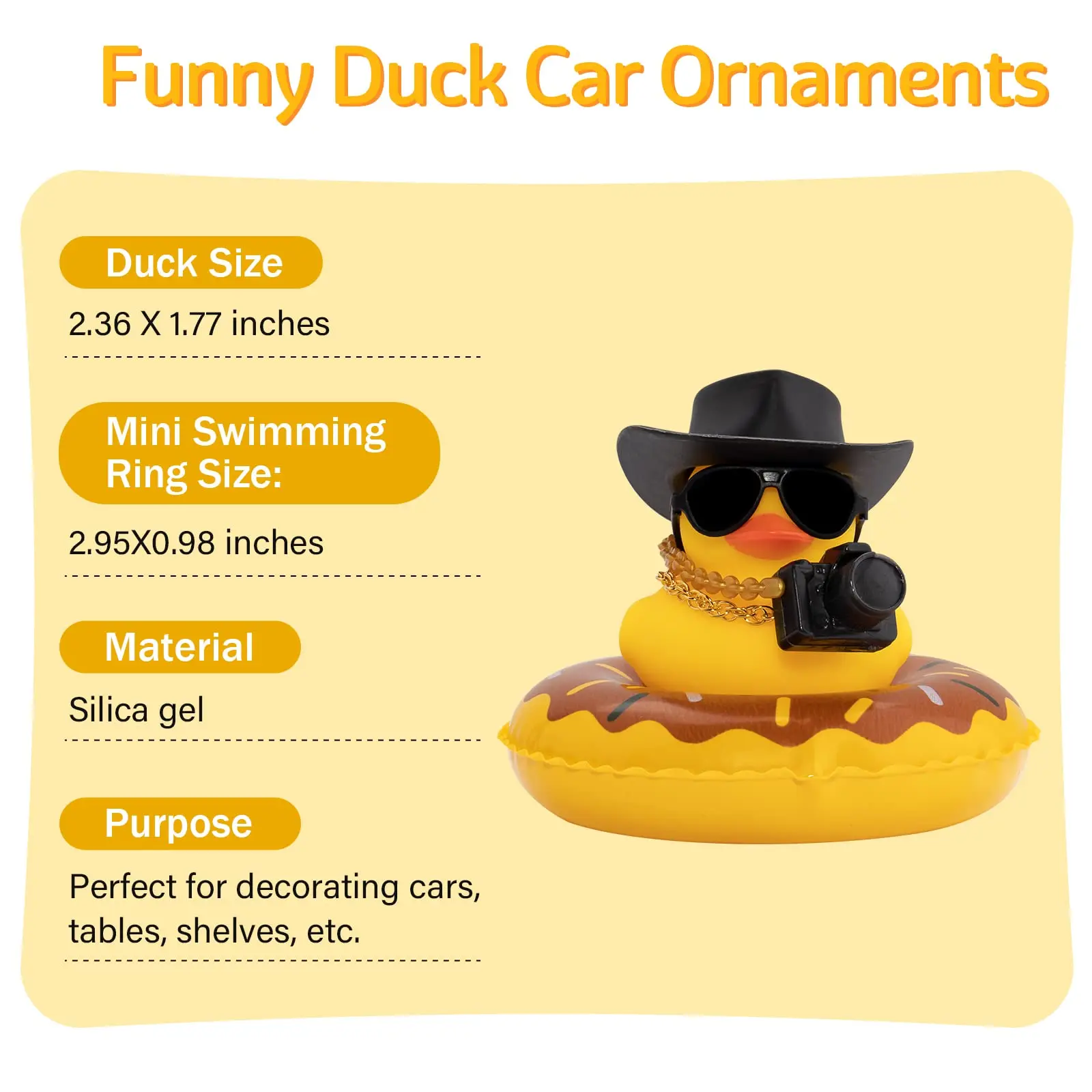 9/18 Set Rubber Duck Dashboard Decorations Camera Duck Car Accessories for Car Ornament with Mini Hat  Necklace and Sunglasses