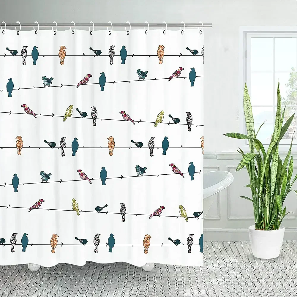 Chinese Bird Shower Curtain Cute Colorful Funny Animal Multicolor Floral Birds Flowers Bathroom Polyester Screen With Hook Set