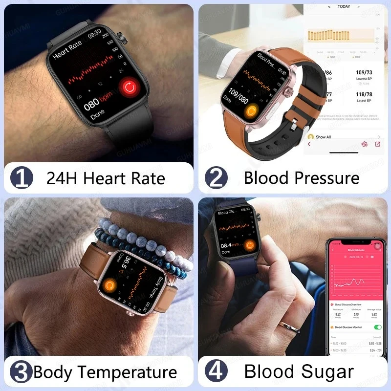 Montre intelligente d\'appel Bluetooth non invasive pour hommes, examen micro fongique, montre de santé de qualité médicale, compost de glycémie,