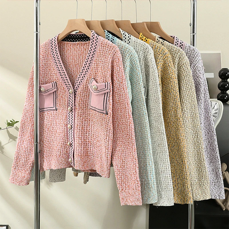 Women Fall Sweet Pearl Button V-Neck Cardigan Long Sleeve Causal Patchwork Sweaters Coat Winter Pocket Warm Overcoat Knit Jacket