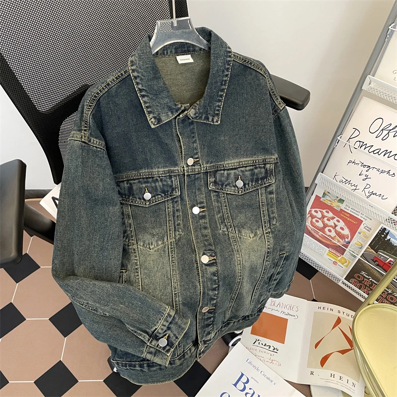 

Сплошной цвет, винтажная джинсовая куртка для мужчин, однобортные осенние куртки с лацканами, американское повседневное модное потертое мужское пальто