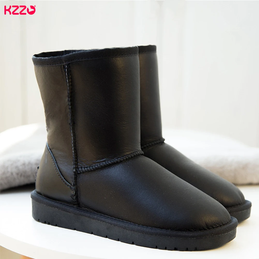 KZZO Natural Wool Fur Lined Waterproof Leather Flat Snow Boots Women Australia Classic Genuine Cowhide Leather Winter Warm Shoes