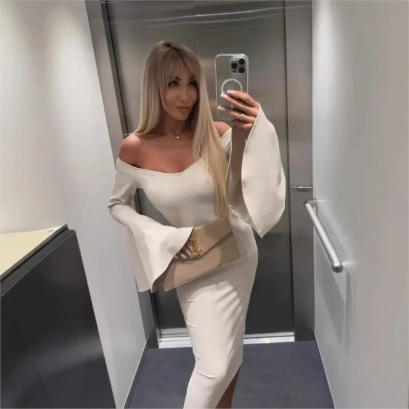 Vestido Sexy de fiesta ajustado a la cadera para mujer, nuevo Color sólido, hombros descubiertos, manga acampanada, moda Primavera Verano, vestidos tubo