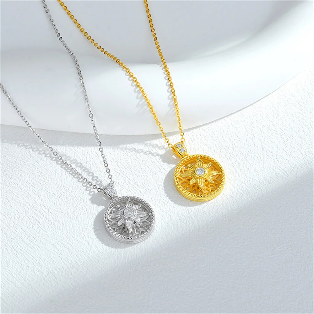 

Women's S925 Silver Eight Treasures Compass Pendant Necklace Sun Totem Ancient-Forged Gold-Plated Hollow Clavicle Chain