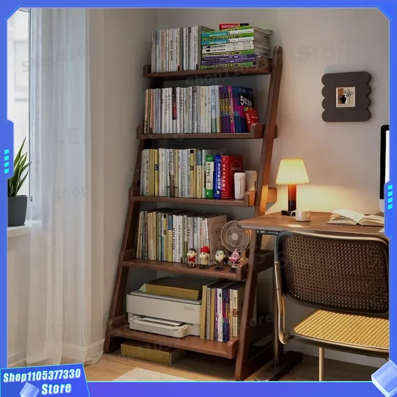 Solid Wood Floor to Ceiling Bookshelf Trapezoidal Corner Display Rack Multi Layer Stepped Ladder Storage Shelf for Bedroom