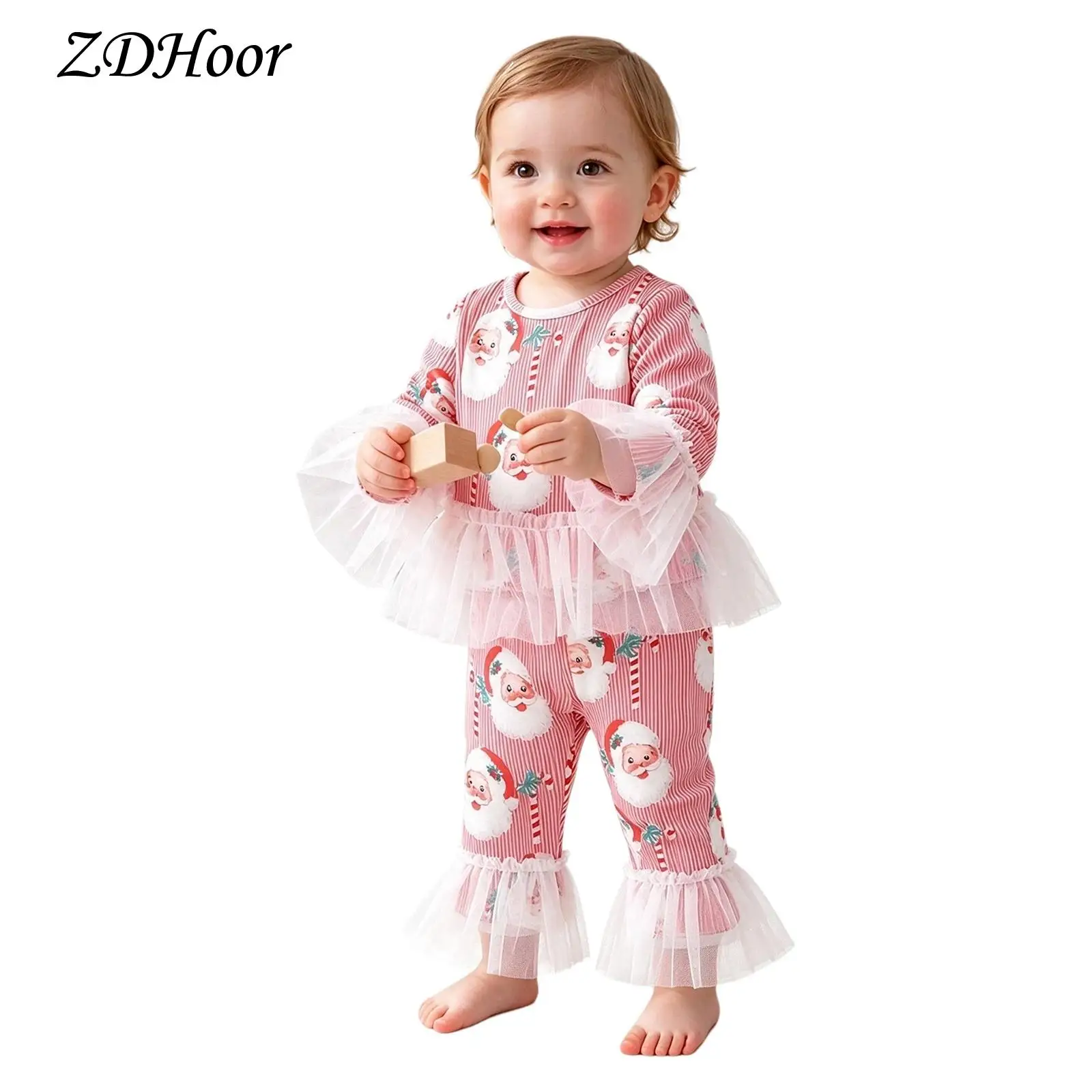 Toddler Girls Christmas 2Pcs Outfit Santa Print Striped Flare Long Sleeve Top with Tulle Ruffle Mesh Lace Bell Bottom Pants Set