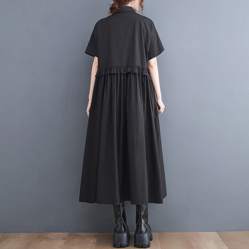 8820 Summer New Arrival Flounce Patchwork Temperament Dress For Lady Solid Color Simple Lapel Big Swing Short Sleeved Dresses