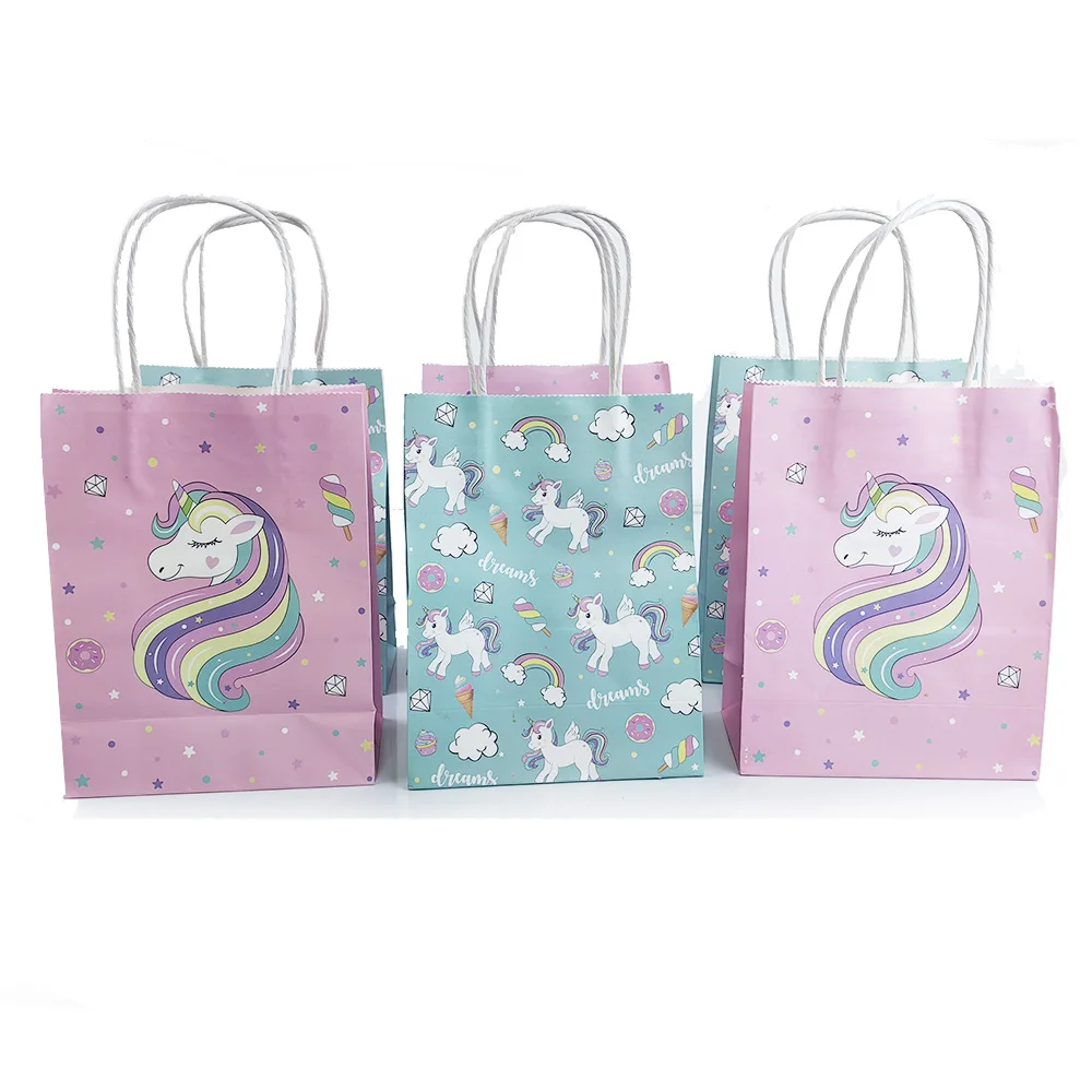 Girls Birthday Cute Rainbow Unicor Themed Party Pink And Blue Gift Bag with Handles Candy Bags Wedding Baby Shower Gift Bag