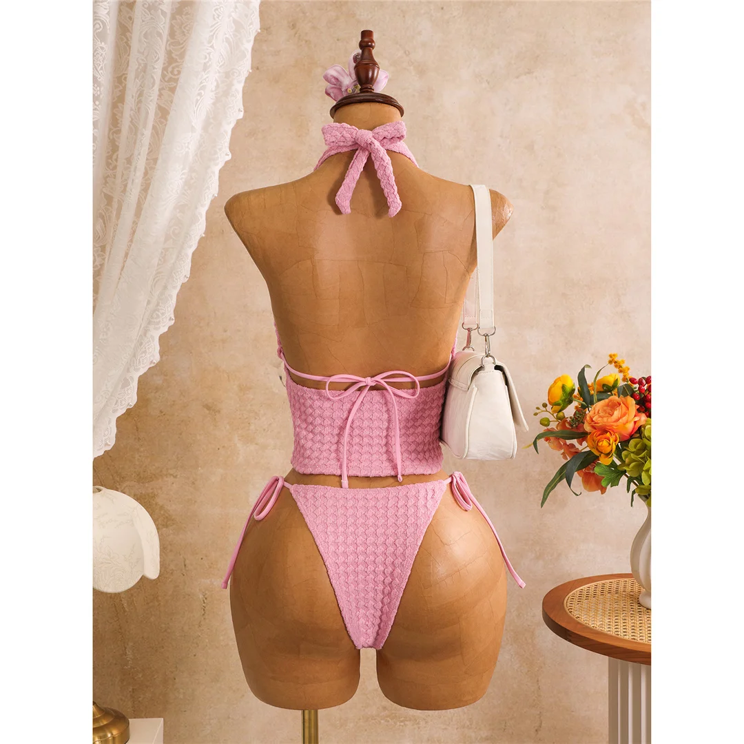 Tankini mit Schnürung, Neckholder-Bikini, Damen-Badeanzug, zweiteiliges Bikini-Set, Badeanzug mit hohem Beinausschnitt, Badebekleidung, Schwimmanzug V8340 – Detail 17