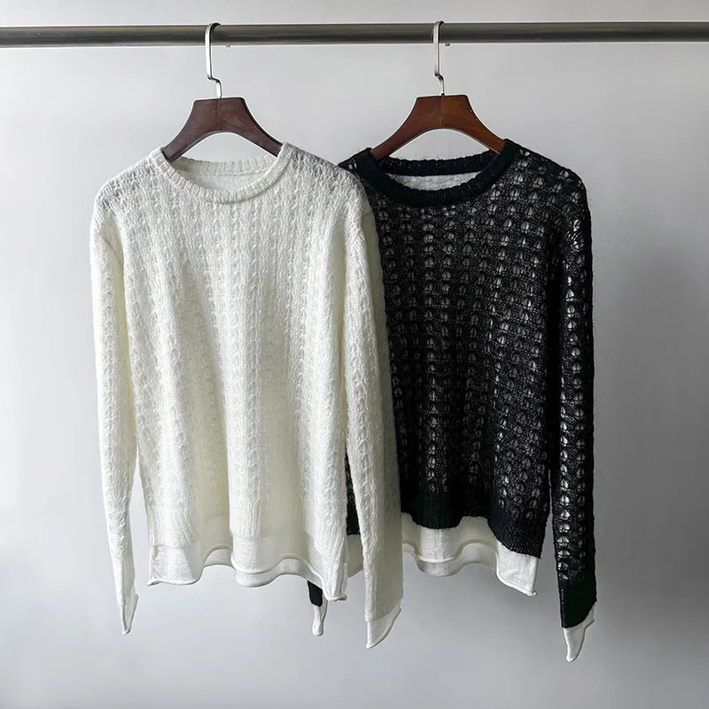 

Faux Two-Piece Knit Sweater With Mohair Lace Mesh And Double-Layer Rolled Hem Wool Sweater